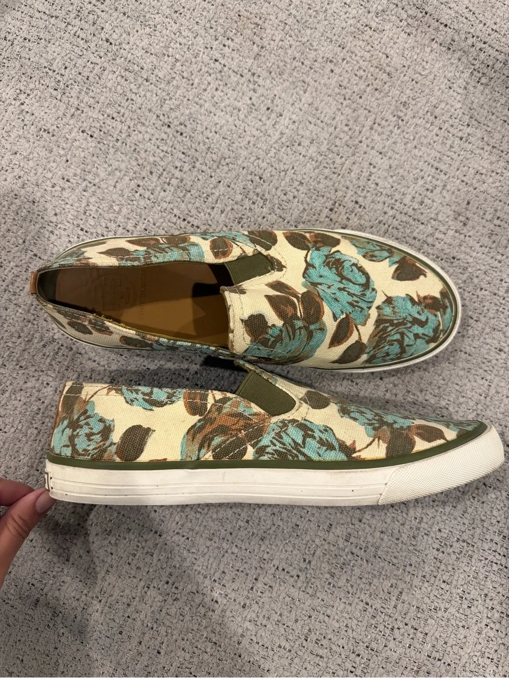 Tory Burch Floral Canvas Slip-On Flats in Teal and Brown